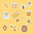 Collection of stickers honey. Bee, jar of honey, hive, honeycomb
