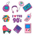 Collection of stickers, icons in 90s style. Tetris, tamagotchi, cassette, player, roller skates, rubik cube, diskette, phone.