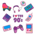 Collection stickers, icons in 90s style. Vintage tetris, pager, joystick, cassette, player, roller skates, diskette, phone.