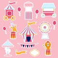 Collection of stickers pink circus. Tent, clown, ticket office, lion