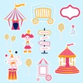 Collection of stickers pink circus. Tent, monkey, doll, carousel, cap, ball, pointer