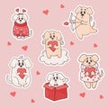 Collection stickers romantic dogs. Cute pets with heart, in box and funny winged cupid puppy. Vector illustration in
