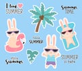 Collection of stickers Summer time. Cute funny bunnies in sunglasses floats on waterproof rubber flamingo ring and