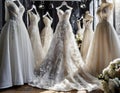 A collection of different style wedding dresses showcases diverse styles in bridal boutique