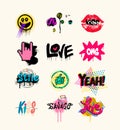 Collection of street graffiti lettering elements with grunge fonts. Vector urban savage spray paint art. Cool colorful teenage Royalty Free Stock Photo