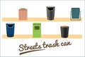 Collection streets trash can. Flat illustration of street and in-house trash bins.