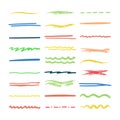 Collection of strikethrough multi colored charcoal crayon underlines. different doodle colorful wavy lines emphasis Royalty Free Stock Photo