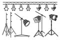 Collection of studio lighting equipment and stands spotlight stage light Royalty Free Stock Photo
