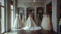 a collection of stunning wedding dresses in a well-lit bridal boutique. Highlight the diverse styles and intricate