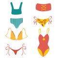 Collection of stylish women\'s swimwear. Set of fashionable underwear and swimsuits or bikini tops and bottoms. Flat cartoon