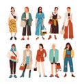 Collection of stylish young women dressed in trendy clothes. Set of fashionable casual and formal outfits. Bundle of