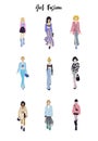 Collection of stylish young women dressed in trendy clothes. Vector fashion illustration. Royalty Free Stock Photo