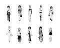 Collection of stylish young women dressed in trendy clothes. Vector fashion black and white illustration. Royalty Free Stock Photo