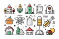 Collection of stylized building, food, and science icons creating pattern Royalty Free Stock Photo