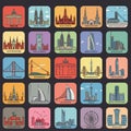 Collection of stylized graphics featuring famous landmarks from various cities, each Royalty Free Stock Photo