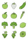 Collection of stylized green fruit and vegetable illustrations on a white background. Royalty Free Stock Photo