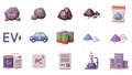 Lithium mining and electric vehicle production icons Royalty Free Stock Photo