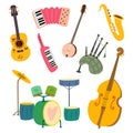 Collection of stylized musical instruments. Vector illustration isolated on white background. Royalty Free Stock Photo