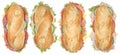 Collection of sub sandwiches baguettes with salami, ham and cheese top view isolated Royalty Free Stock Photo