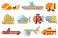 Collection submarines undersea. Cute cartoon yellow submarines. Bathyscaphe underwater ships. Diving exploring at the