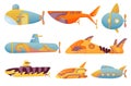 Collection submarines undersea. Cute cartoon yellow submarines. Bathyscaphe underwater ships. Diving exploring at the