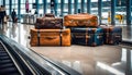 collection of suitcases and travel bags on a transport belt at the airport, bags of different styles, Royalty Free Stock Photo