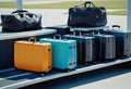 collection of suitcases and travel bags on a transport belt at the airport, bags of different styles, Royalty Free Stock Photo