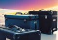 collection of suitcases and travel bags on a transport belt at the airport, bags of different styles, Royalty Free Stock Photo