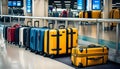 collection of suitcases and travel bags on a transport belt at the airport, bags of different styles, Royalty Free Stock Photo