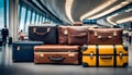 collection of suitcases and travel bags on a transport belt at the airport, bags of different styles, Royalty Free Stock Photo