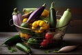 A collection of summer squash, eggplants, and cucumbers in a colorful wire basket, ready to be grilled