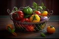 A collection of summer squash, eggplants, and cucumbers in a colorful wire basket, ready to be grilled