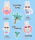 Collection of summer stickers. Cute hares sea tourists in sunglasses on waterproof rubber ring, sailor with cocktail