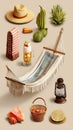 A collection of summer-themed objects arranged on a neutral background.