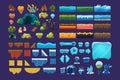 Collection of summer and winter fantasy landscape elements, user interface assets for mobile apps or video games vector