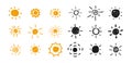 Collection of Sun icons in hand-drawn cartoon style. Suns vector of orange and black color on white background. Vector Royalty Free Stock Photo