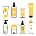 Collection of sunscreen products in doodle cartoon flat style. Cream, bottles and spray with SPF.