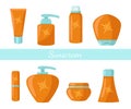 Collection of sunscreen protection bottles cosmetics