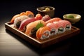 Collection of sushi. Different sets of sushi rolls. Sushi roll with rice, cream cheese, red fish, salmon. Sushi menu. Japanese