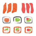 Collection of sushi and rolls with salmon, tuna, avocado, rice Royalty Free Stock Photo