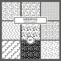 Collection of swatches memphis patterns - seamless. Fashion 80-90s. Black and white mosaic textures.