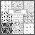 Collection of swatches memphis patterns - seamless. Fashion 80-90s. Black and white mosaic textures.