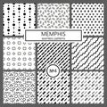 Collection of swatches memphis patterns - seamless. Fashion 80-90s. Black and white mosaic textures.