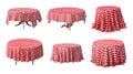 Collection of tables draped with red and checkered cloths on transparent background Royalty Free Stock Photo
