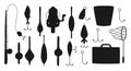 Collection of tackle and lures for fishing in silhouette style. Vector illustration. Royalty Free Stock Photo