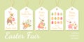 Collection of tags for Easter gifts or sales and fair with cute family of rabbits, eggs, chicken and plants