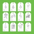 Collection of tags for gift boxes. A set of labels with hand-drawn Christmas and winter Doodle elements. Black and white vector Royalty Free Stock Photo