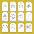 Collection of tags for gift boxes. A set of labels with hand-drawn Christmas and winter Doodle elements. Black and white vector Royalty Free Stock Photo