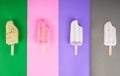 Collection, taro, strawberry, , purple, pink, bean, green tea. ice cream set on colorful background Royalty Free Stock Photo