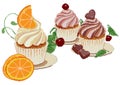 Collection of tasty cakes of different tapes and colors with cherry, chocolate, orange. Pixel art illustration